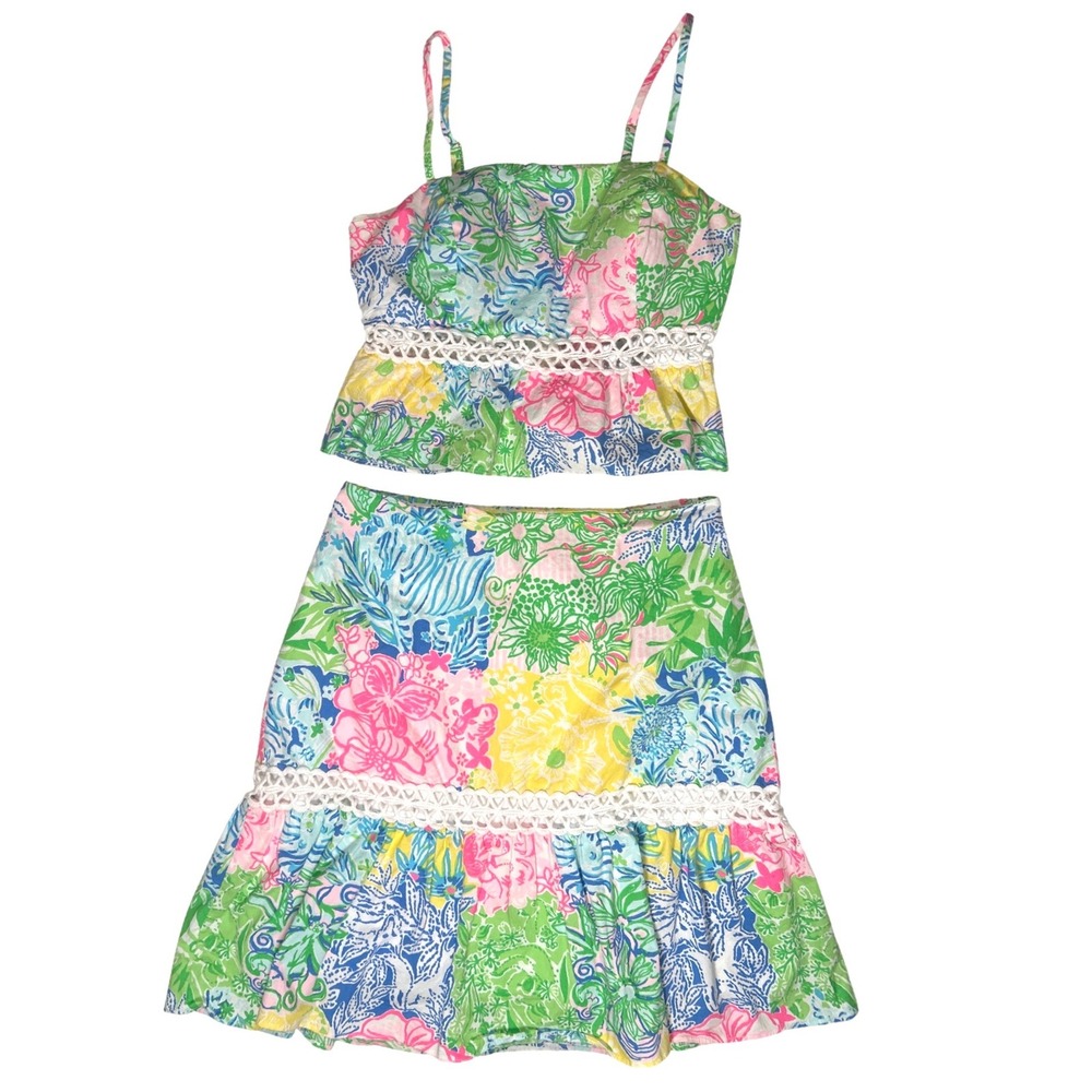 Lilly Pulitzer Women Floral Patchwork 2 Pc Set Crop Top Mini Skirt 001564 Sz 0